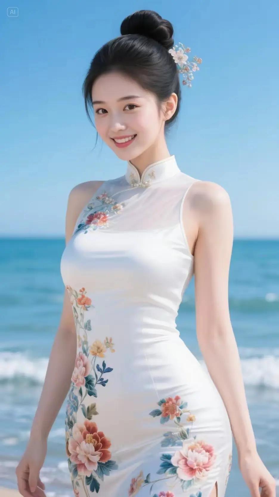 上联：此女只应天上有，
下联：唇边带笑羞百花。