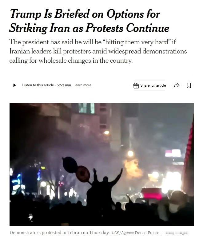 据《纽约时报》报道，特朗普听取了有关对伊朗发动军事打击的简报，他正在考虑采取行动