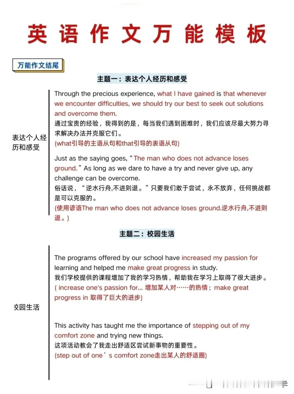 2026中考英语作文万能模板！
Study hard and make prog