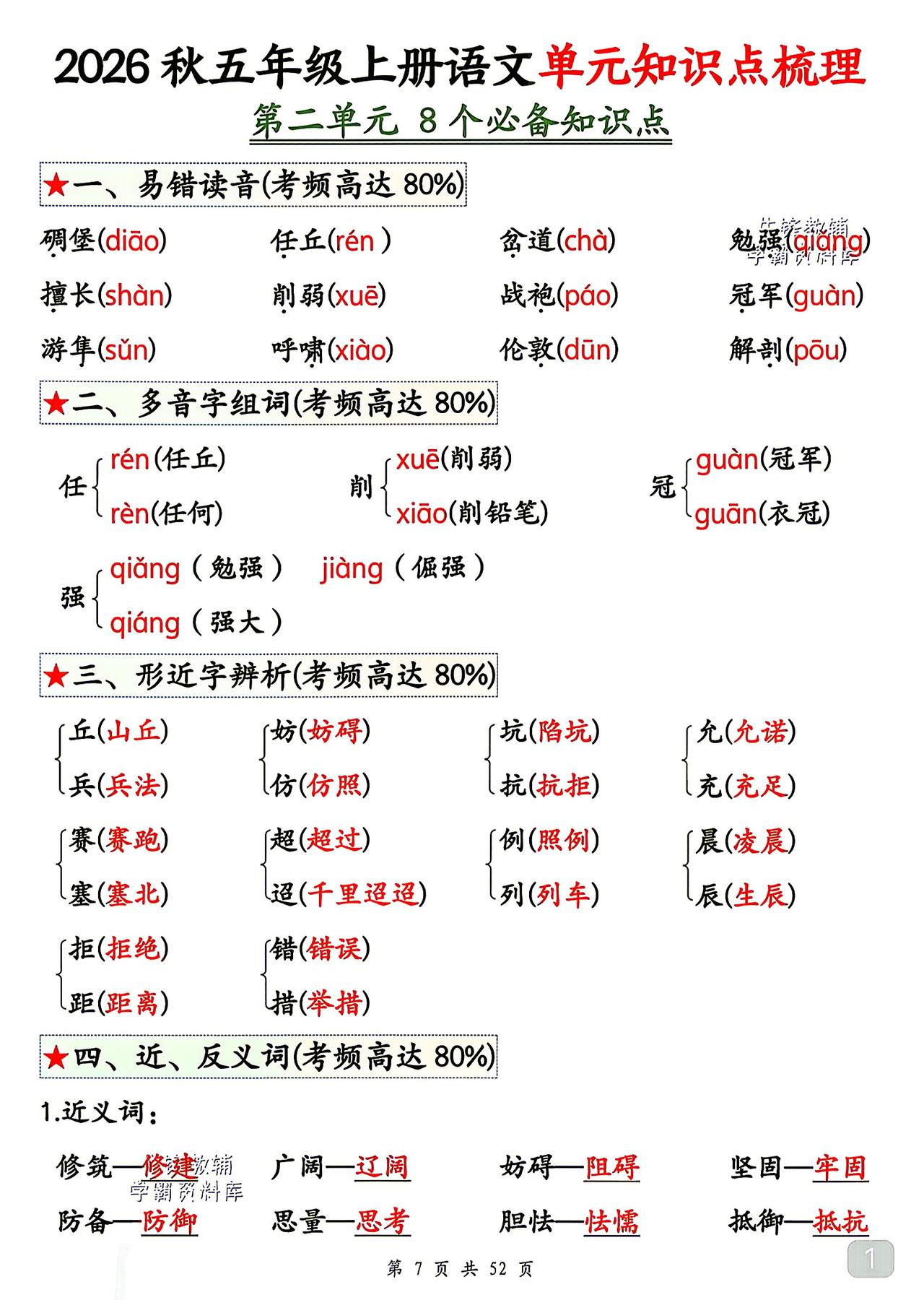 五年级上册语文，第二单元知识点梳理，收藏练习巩固知识~