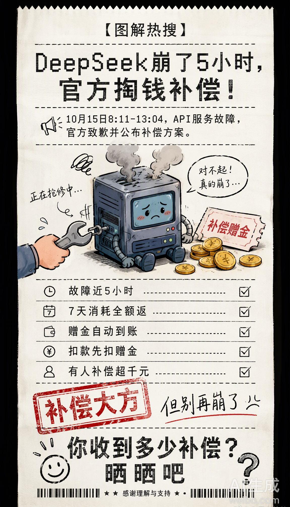 今天DeepSeek崩了近5小时，官方直接掏钱补偿了！💰

10月15日8:1