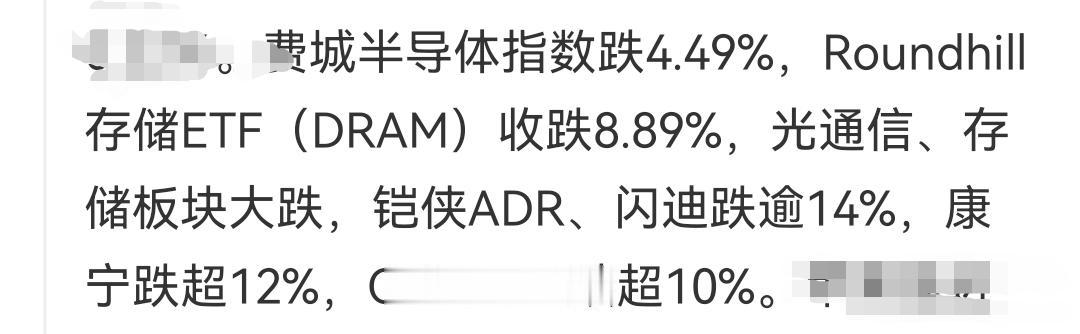 周三一觉醒来，美股半导体、光通信又崩了。
        美股存储芯片自高点下来