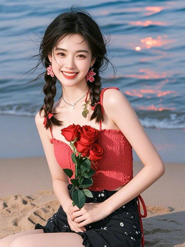 海边少女与红玫瑰浪漫邂逅唯美流光美人 红裙时尚迷人穿搭