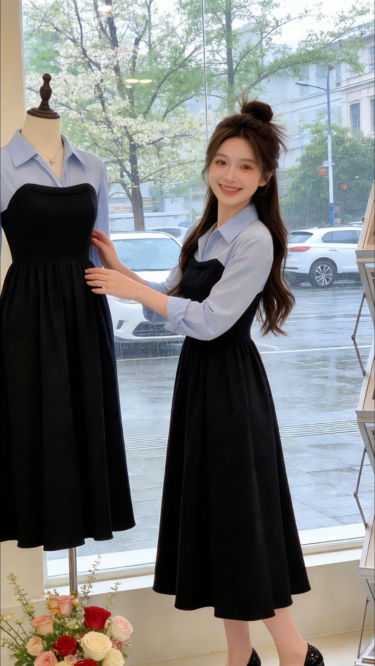 Danny的初春穿搭小心机，藏在这条假两件衬衫连衣裙里。浅蓝衬衫拼接赫本风黑裙，