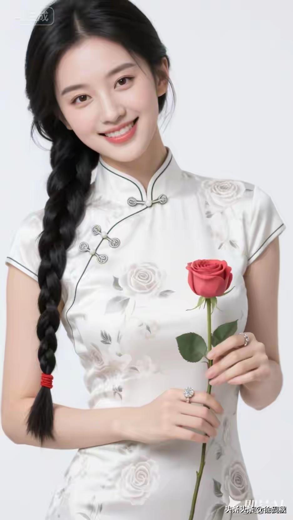 旗袍佳丽，浪漫玫瑰。
眉清目秀，美若冠玉。
冰肌玉骨，明眸皓齿。
窈窕淑女，君子