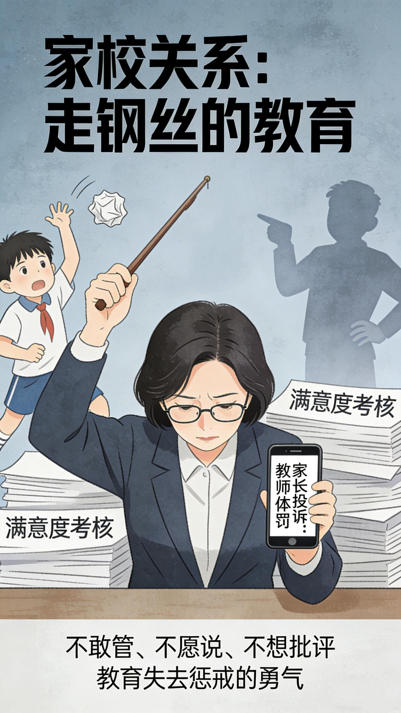 现在有的老师：不敢说、不敢管、不敢罚，怕投诉、怕网暴、怕丢工作，最后只剩一声叹息