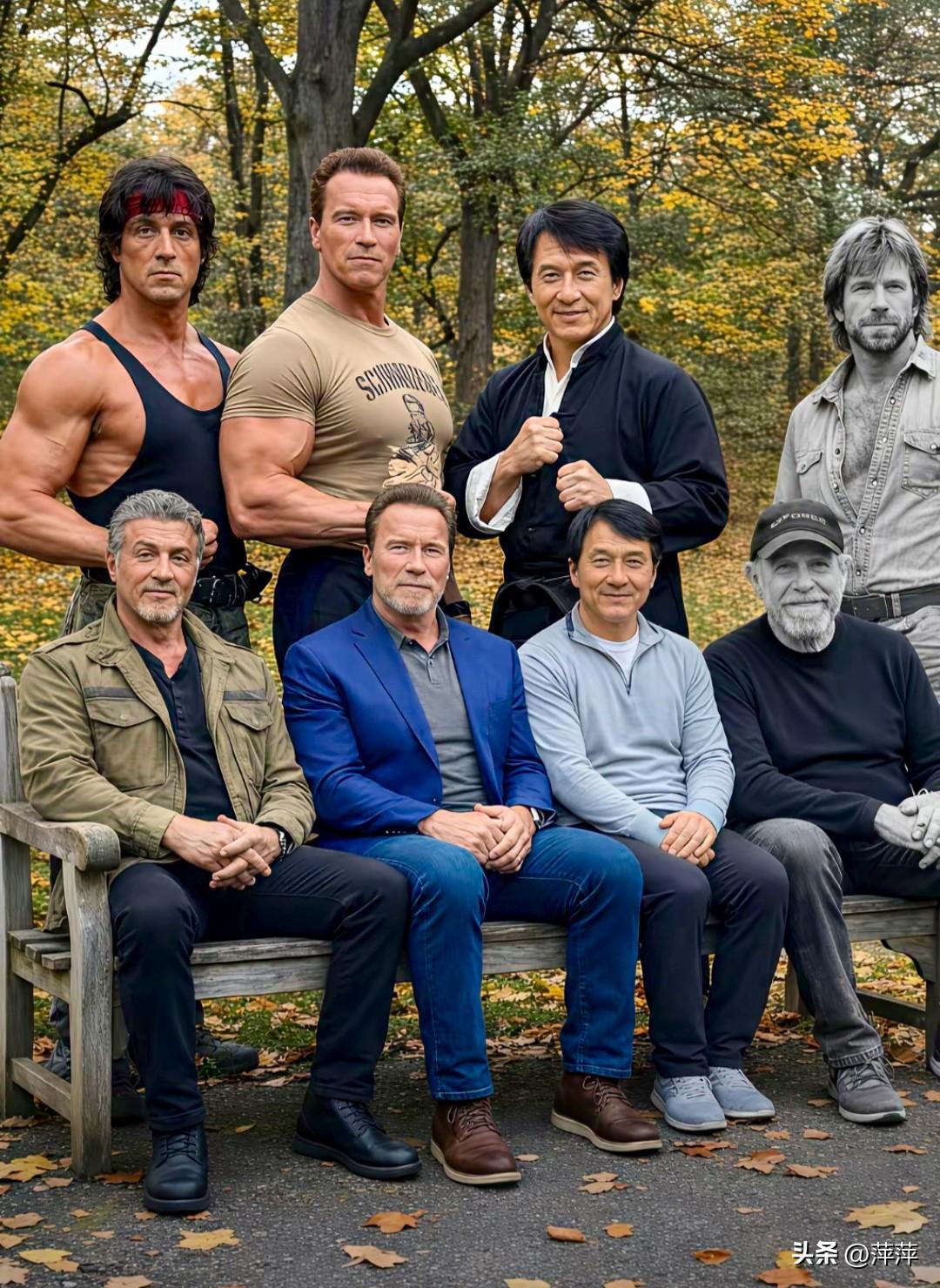 AI合成的这张照片太戳人了！史泰龙、施瓦辛格、成龙等动作巨星，一边是当年荧幕上的