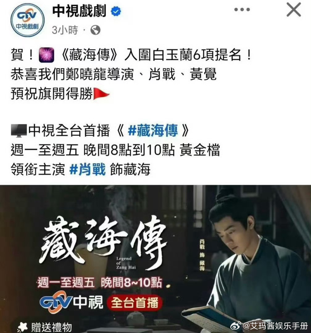 台湾中视，爱尔达同祝贺肖战藏海传入围白玉兰6项提名🔥 