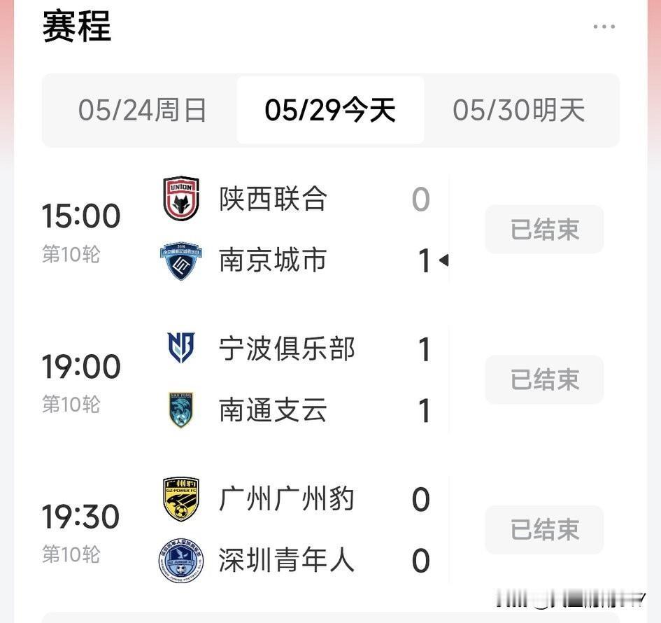 今天刚刚的中甲联赛第十轮比赛全部结束，除了下午的陕西联合主场输给了南京城市，其它
