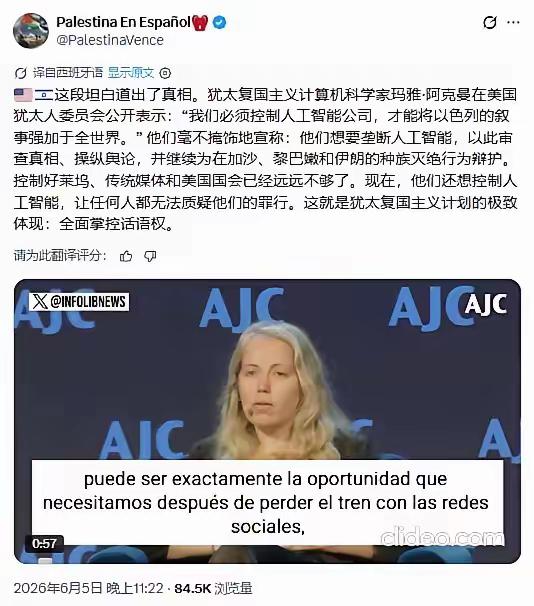 这段坦白道出了真相。犹太复国主义计算机科学家玛雅·阿克曼在美国犹太人委员会公开表
