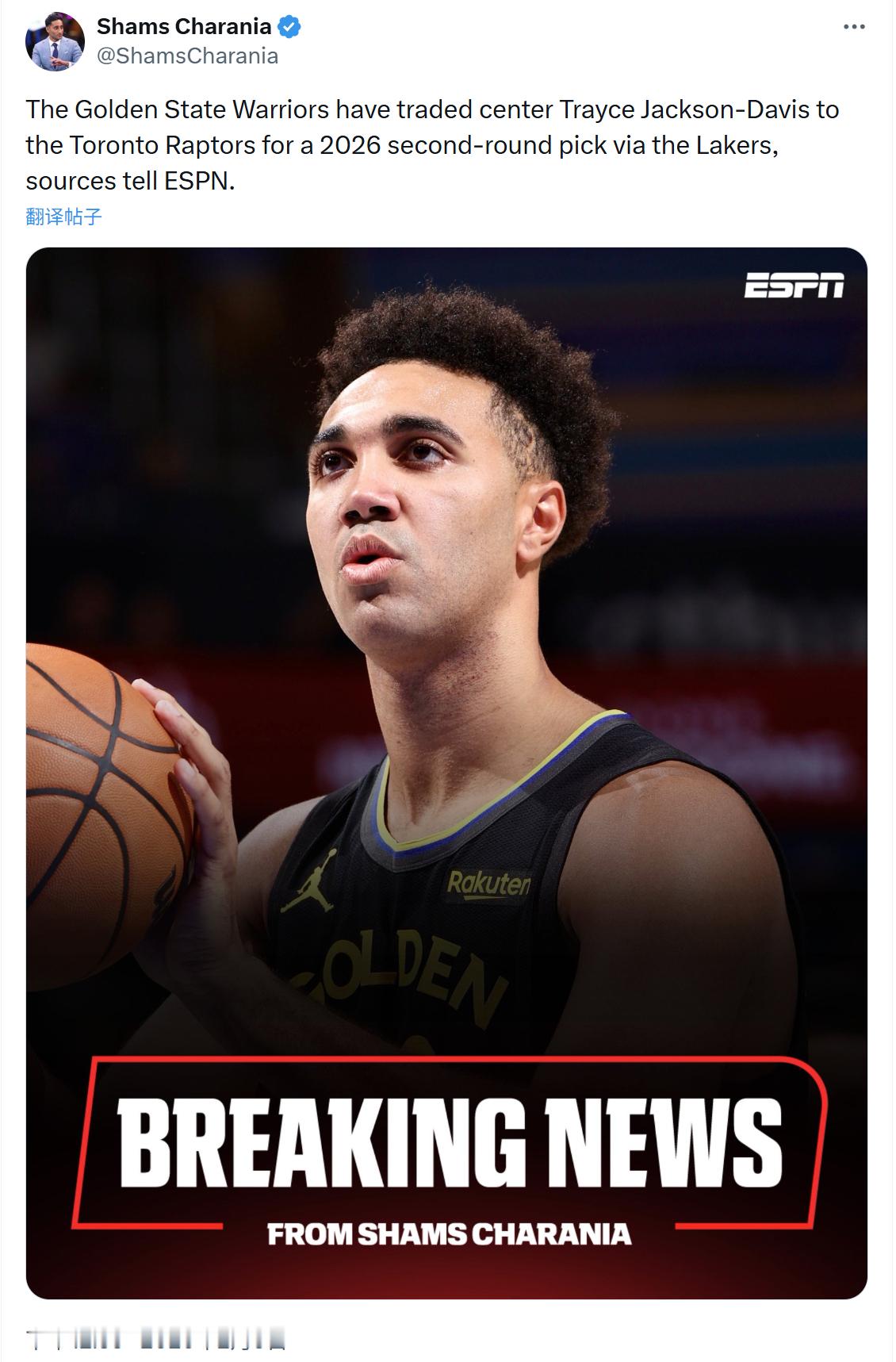 Shams：勇士继续交易，TJD送到猛龙，得到来自湖人的2026年次轮签。 