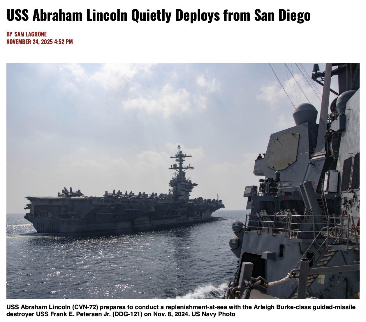 美国海军林肯号航母舰队上周悄然离开圣地亚哥，前往西太平洋部署：“据美国海军学会新