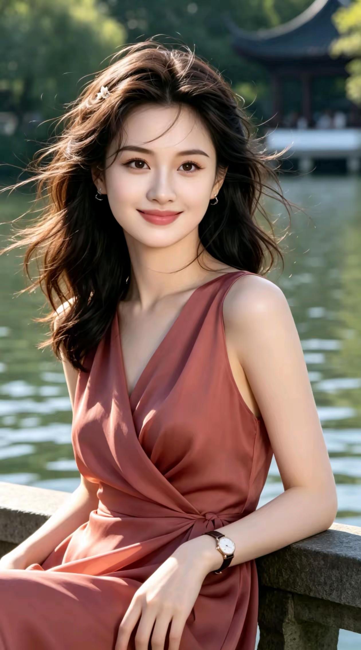 一个穿红色连衣裙的女孩在湖边微笑。