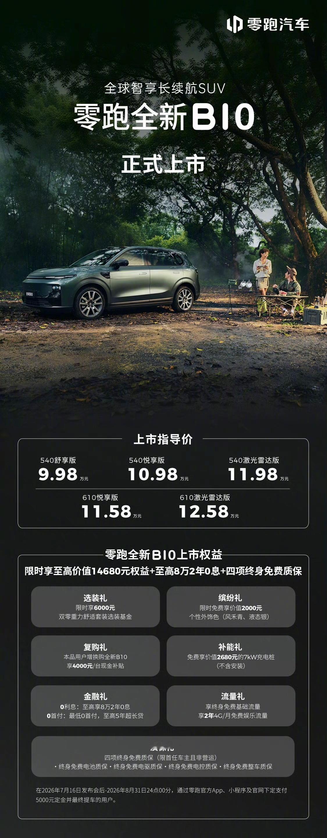 今晚零跑B平台上市俩新车。B01: 9.58万-11.98万（轿车）B10: 9