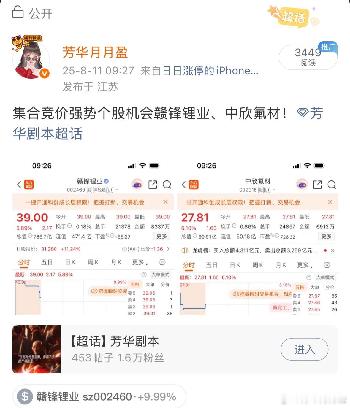 芳华早盘开盘前提示的$中欣氟材 sz002915$ $赣锋锂业 sz002460
