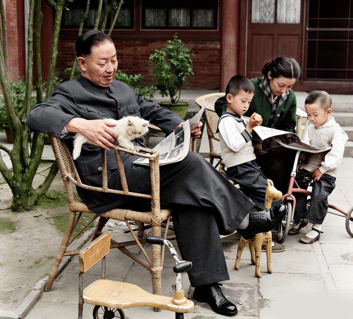 1959年北京护国寺街9号，梅兰芳坐在藤椅上，一手抚猫，一手翻着报纸。

这是他