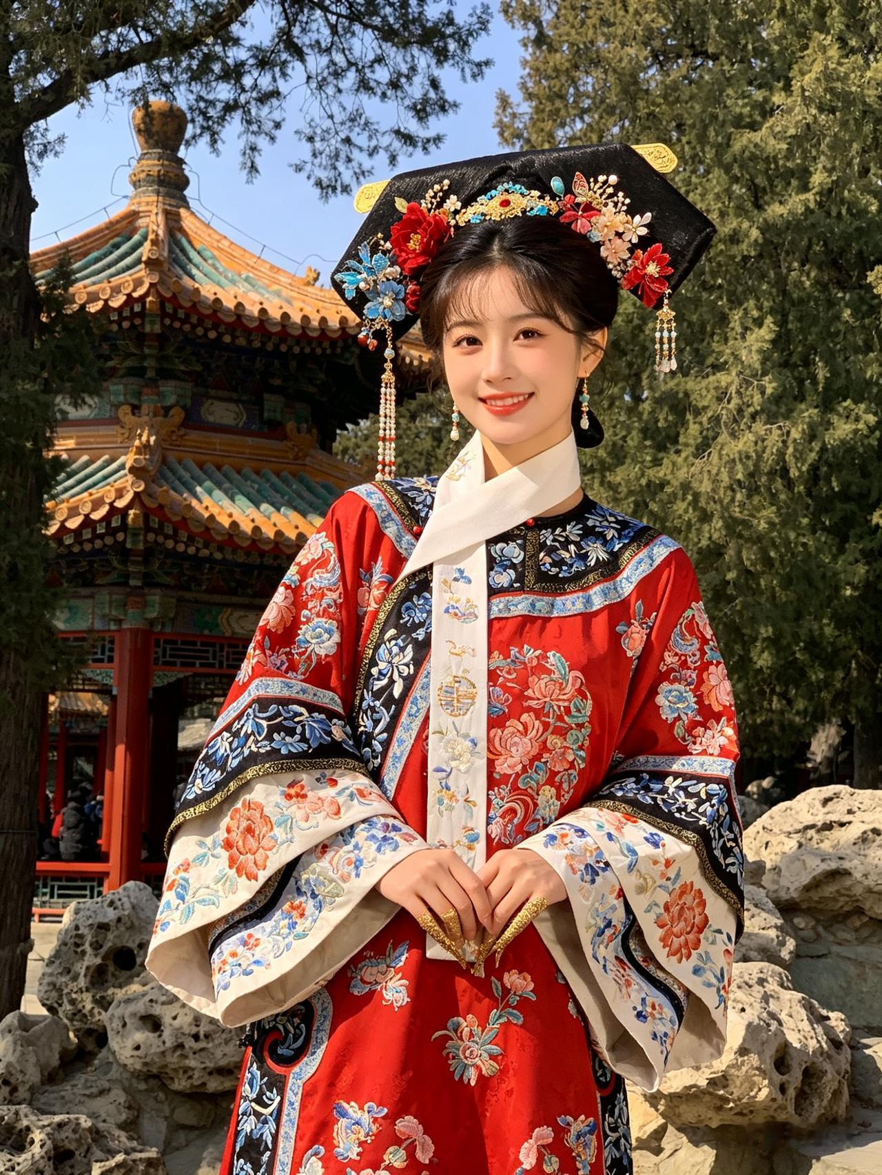 精致旗装纹样绣满山河浪漫，钗环摇曳，眉目温婉
置身古色古香的山水景致里，色彩明艳