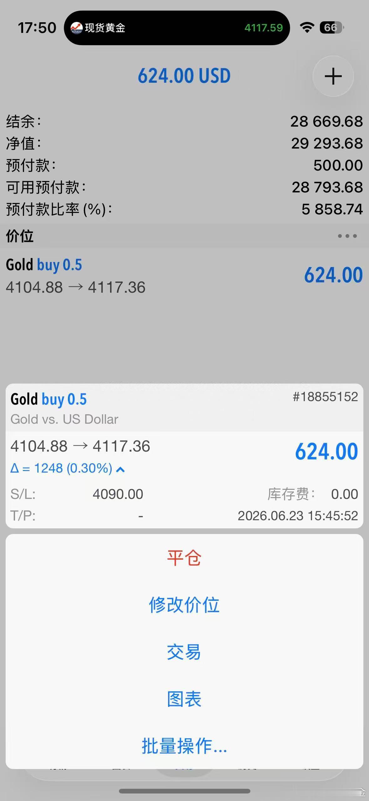 外汇黄金 4104的多单，最高就给到4120！现价4117全平！ 