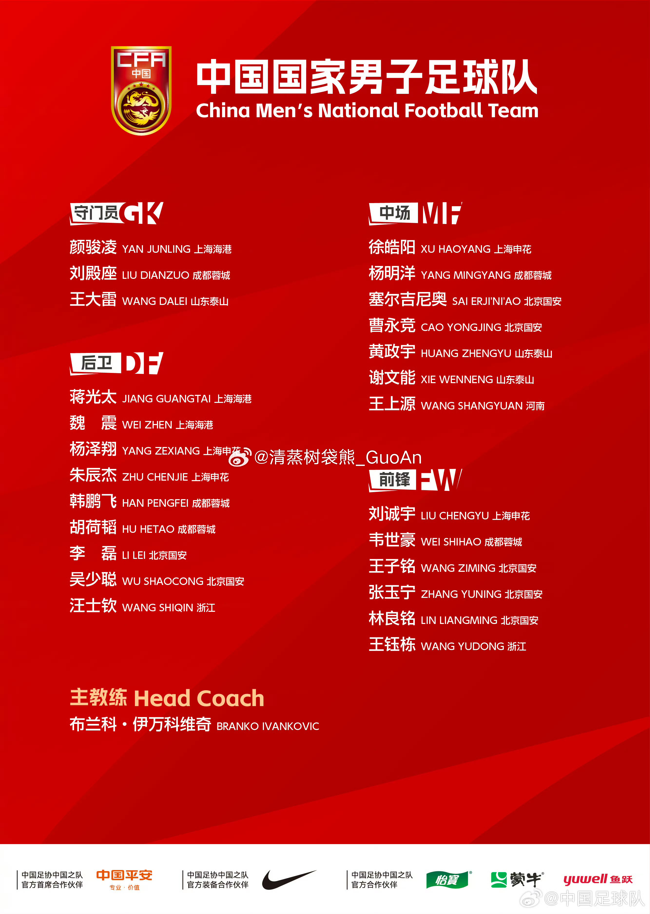 北京国安李磊、吴少聪、曹永竞、塞尔吉尼奥、林良铭、张玉宁、王子铭共7名国脚均随队