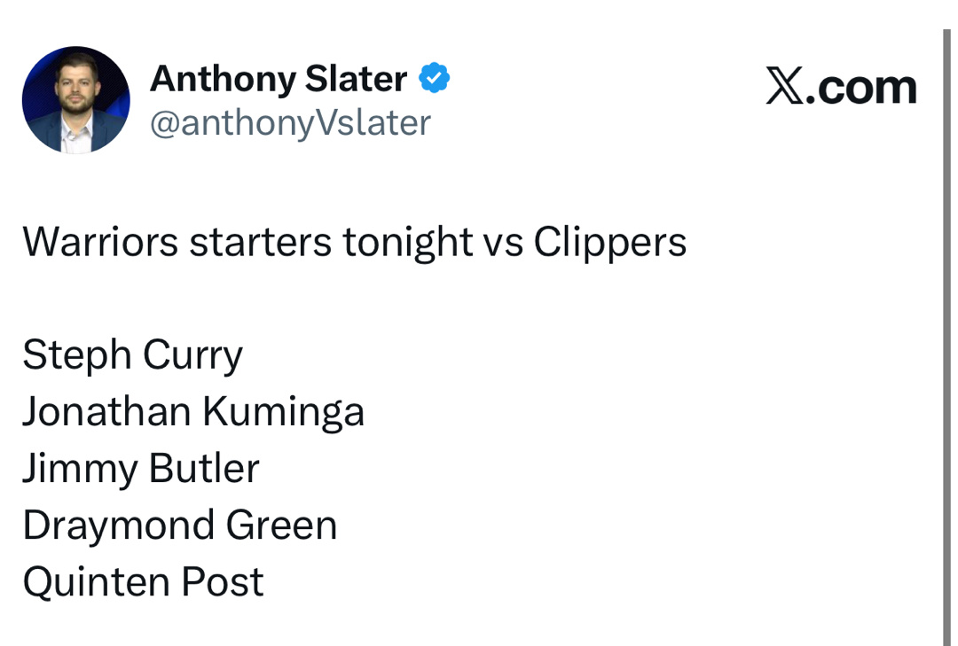 勇士今天首发 “ 库里 巴特勒 库名家 追梦 波斯特 ” 哈哈哈哈 前面比赛都结