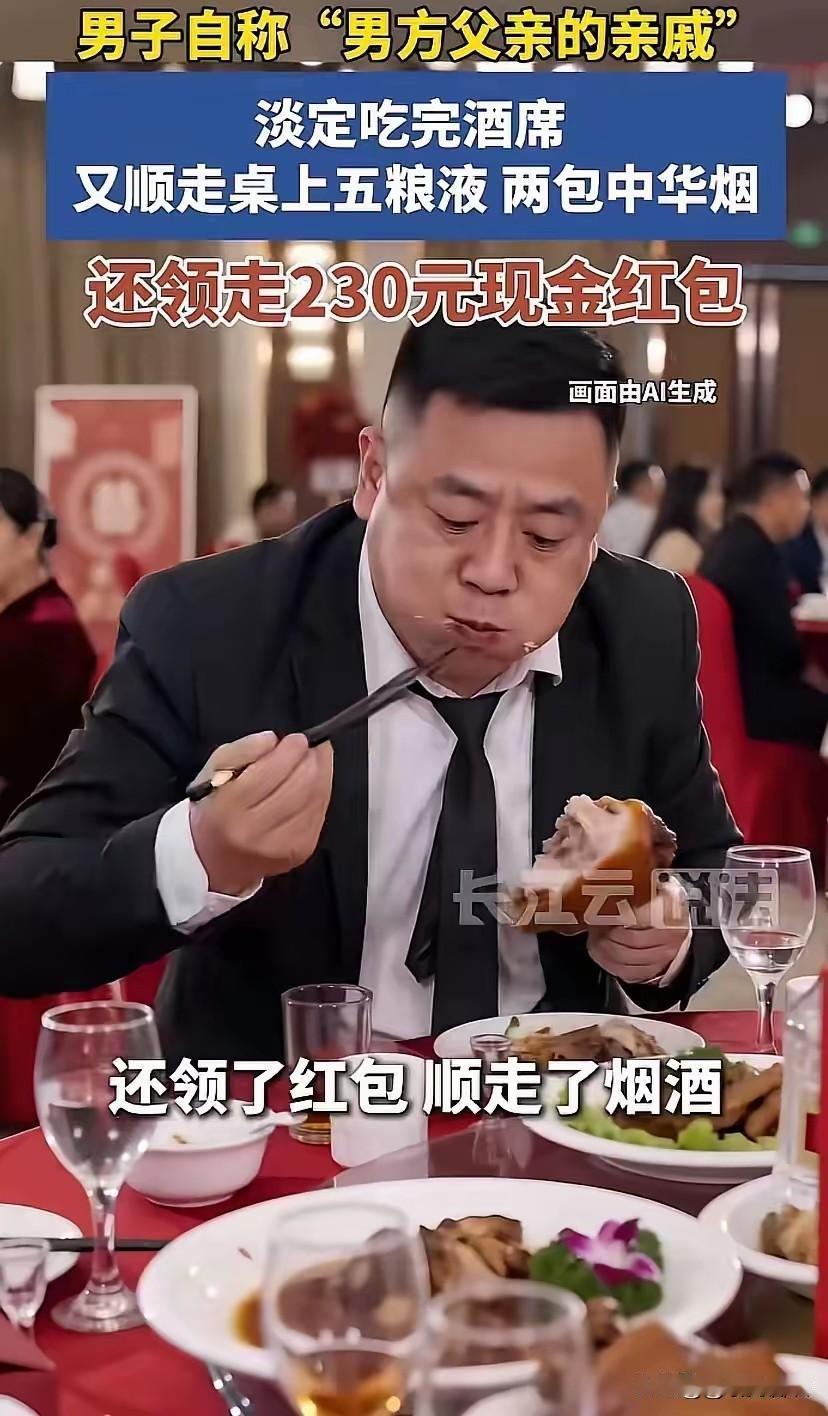 您觉得这位西装革履的男人吃完喜酒会顺手带走主家桌子上称下的烟酒吗？