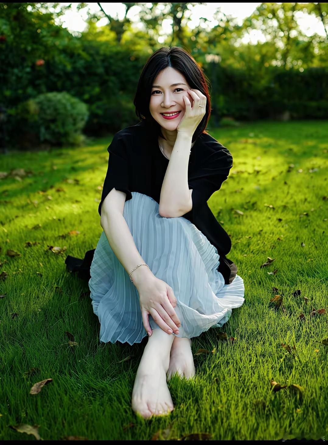 饰演李云龙妻子的童蕾赤脚坐在草坪上，画面悠然恬淡，满满的岁月静好，气质温婉动人。