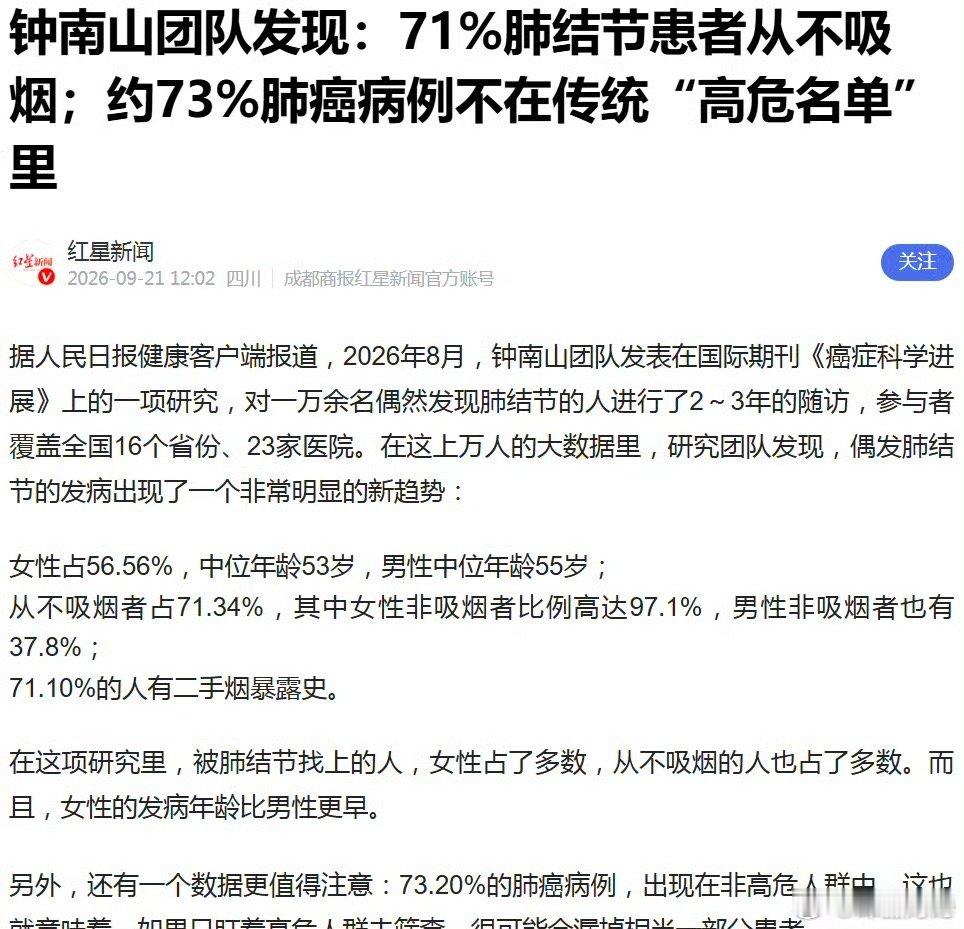 钟南山团队发现肺结节发病新趋势钟南山团队开展了一项覆盖全国23家医院、10560