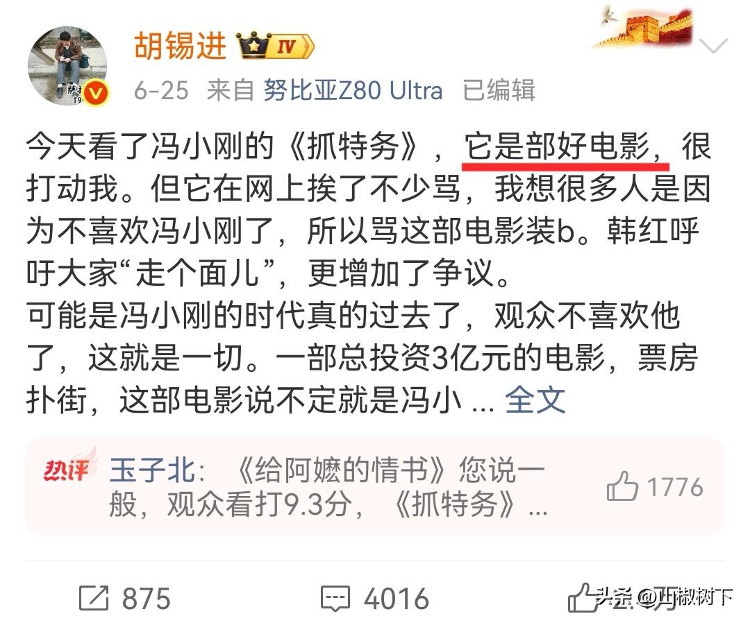 胡锡进说《抓特务》是好电影，很打动他，而《给阿嬷的情书》就拍的很一般，这两部电影