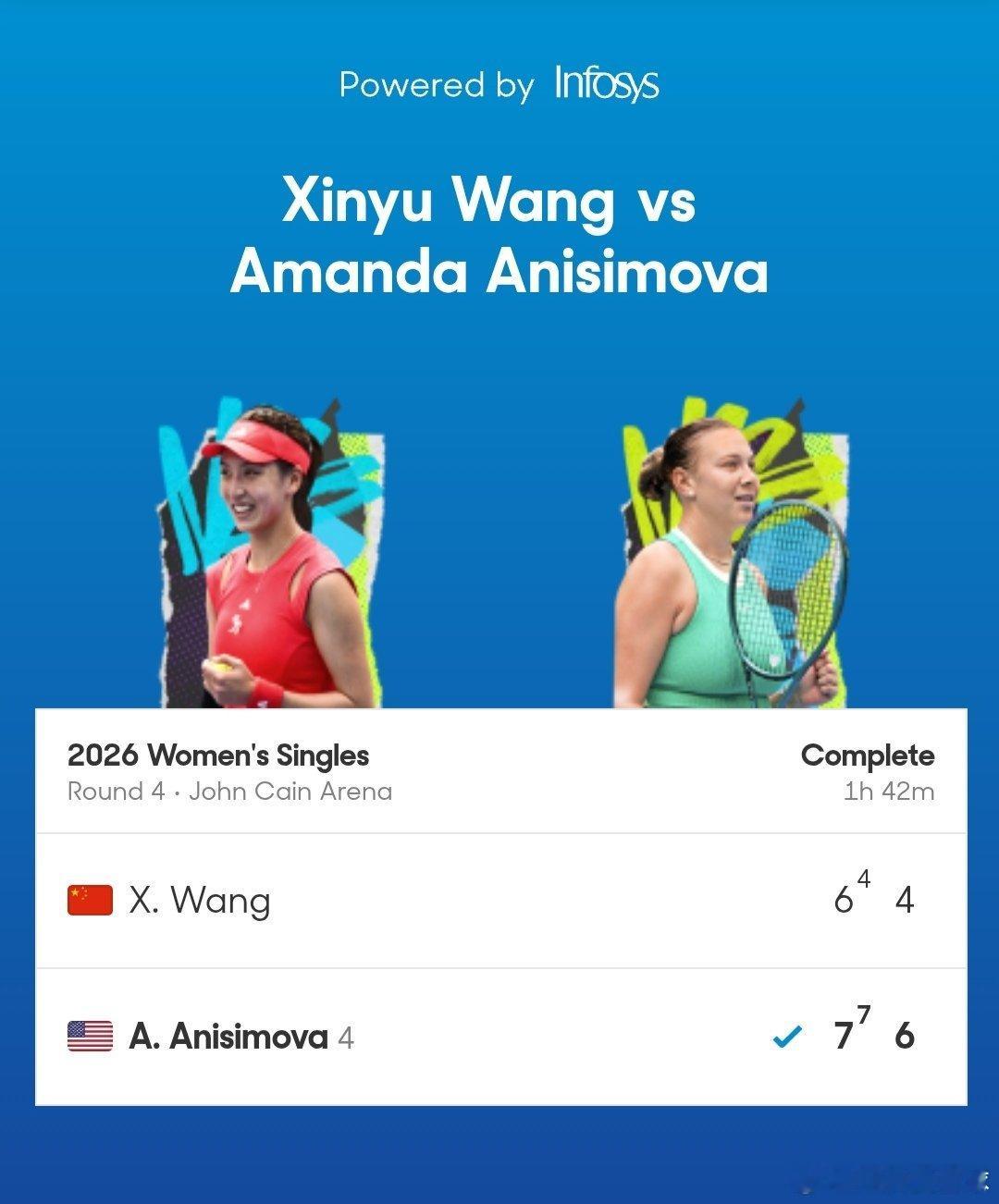 澳网2026 女单16进8王欣瑜🇨🇳6-7(4)/4-6不敌4号种子阿尼西莫