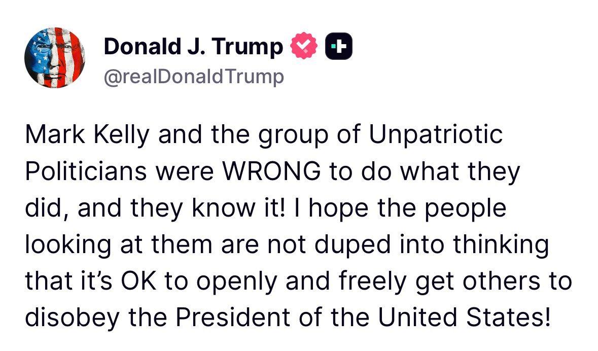 美国特朗普总统：“马克·凯利及那群不爱国的政客所作所为大错特错，他们自己心里清楚