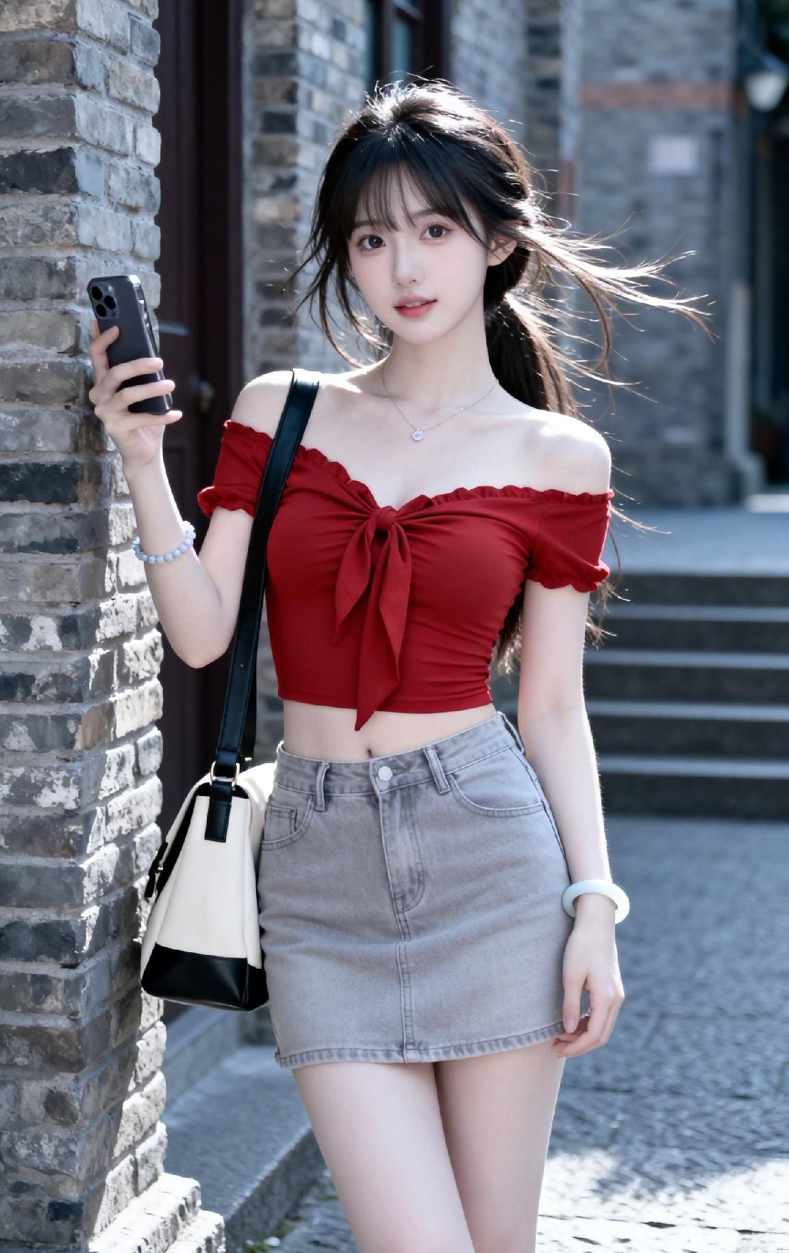 穿红上衣和牛仔短裙，手拿手机，站在砖墙边。
