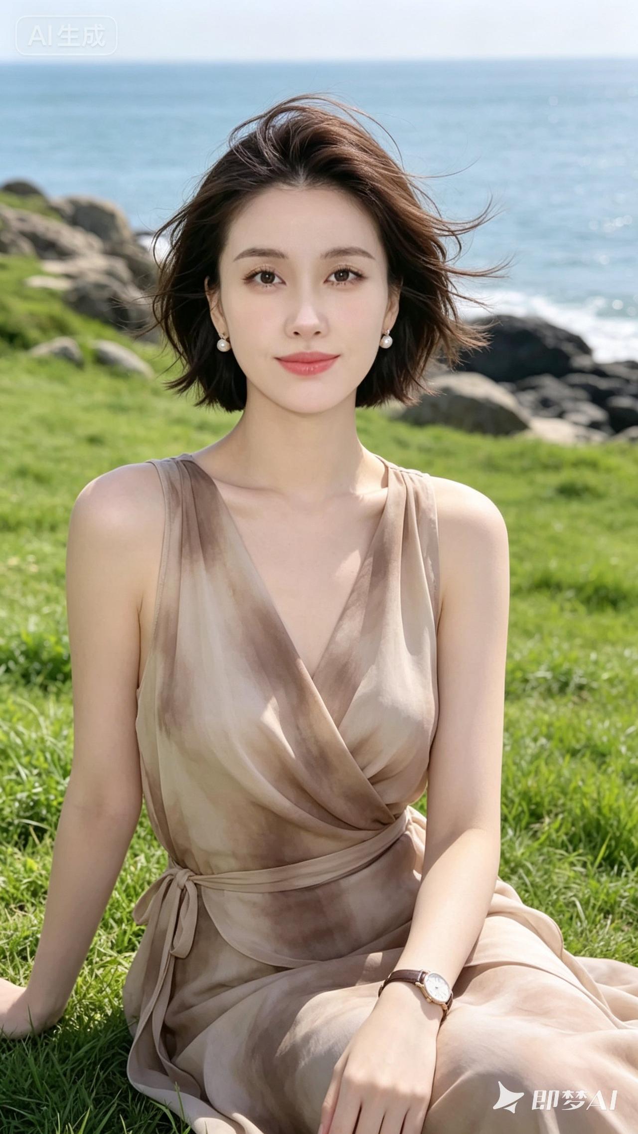 海边草地上的漂亮女孩在微笑。