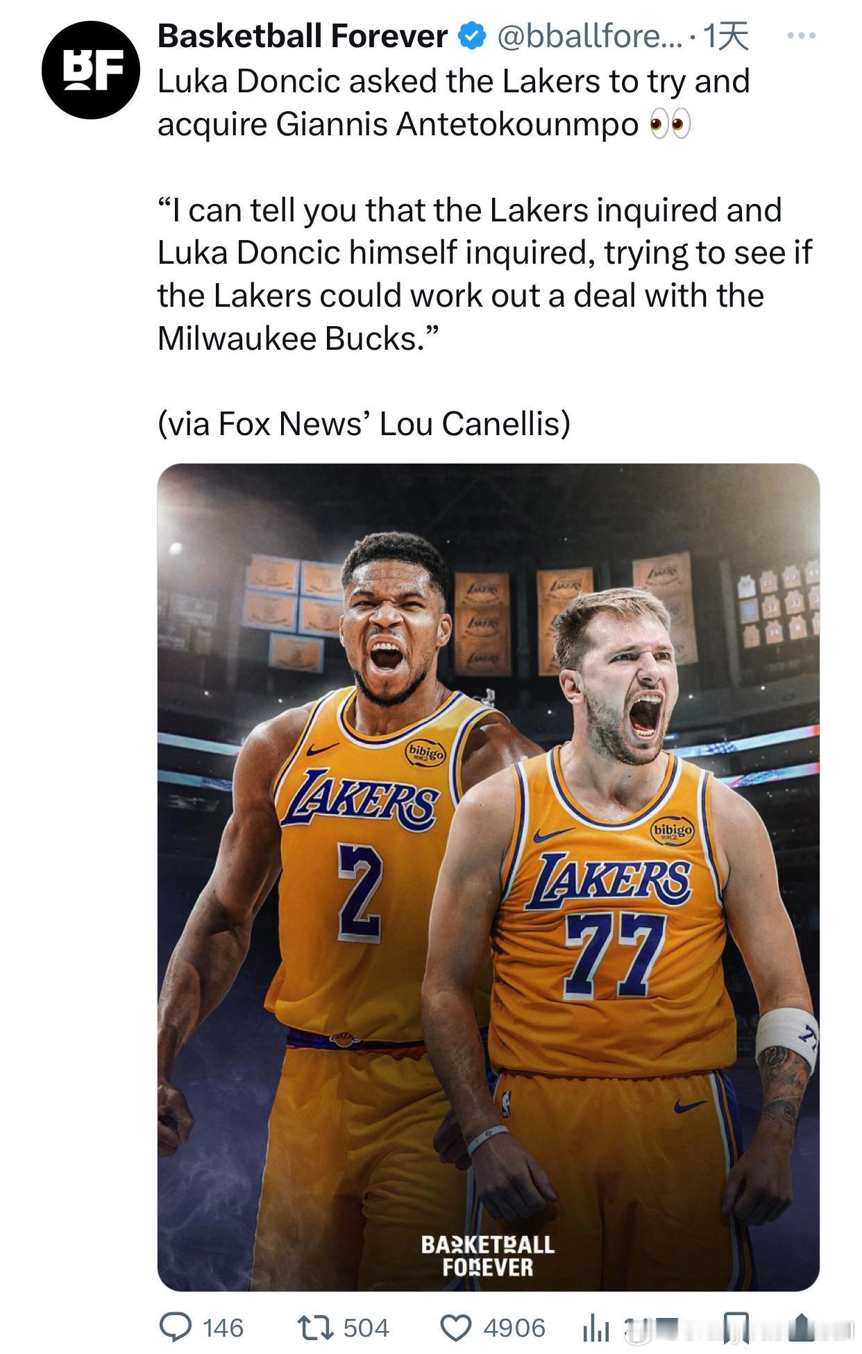 卢卡·东契奇请求湖人队尝试引进扬尼斯·阿德托昆博，湖人管理层自己也询问过雄鹿，要