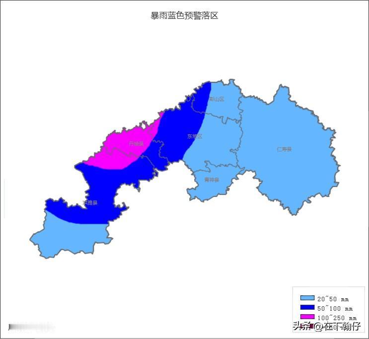 眉山气象台7月10日15:29发布暴雨蓝色预警，附上全市降雨落区分布图，大家对照