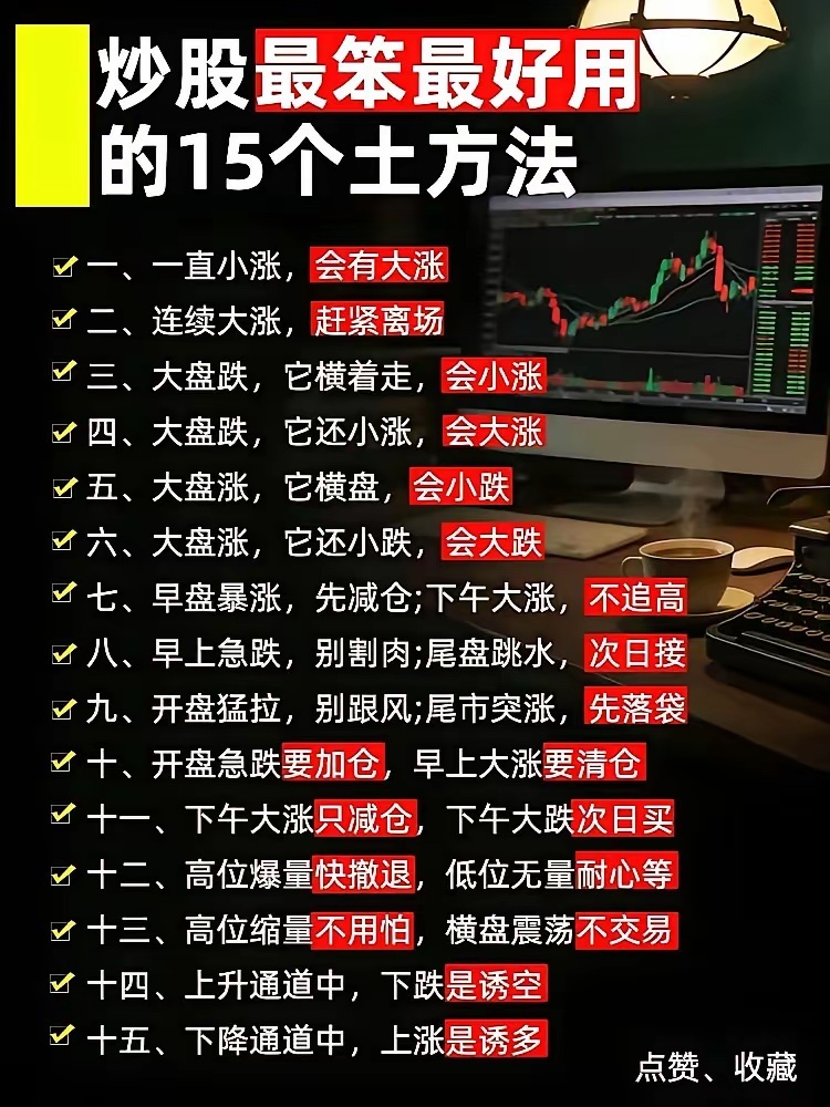 炒股新手想少走弯路，这15个实用小技巧得码住。先得学会判断趋势，上升还是下跌，踩