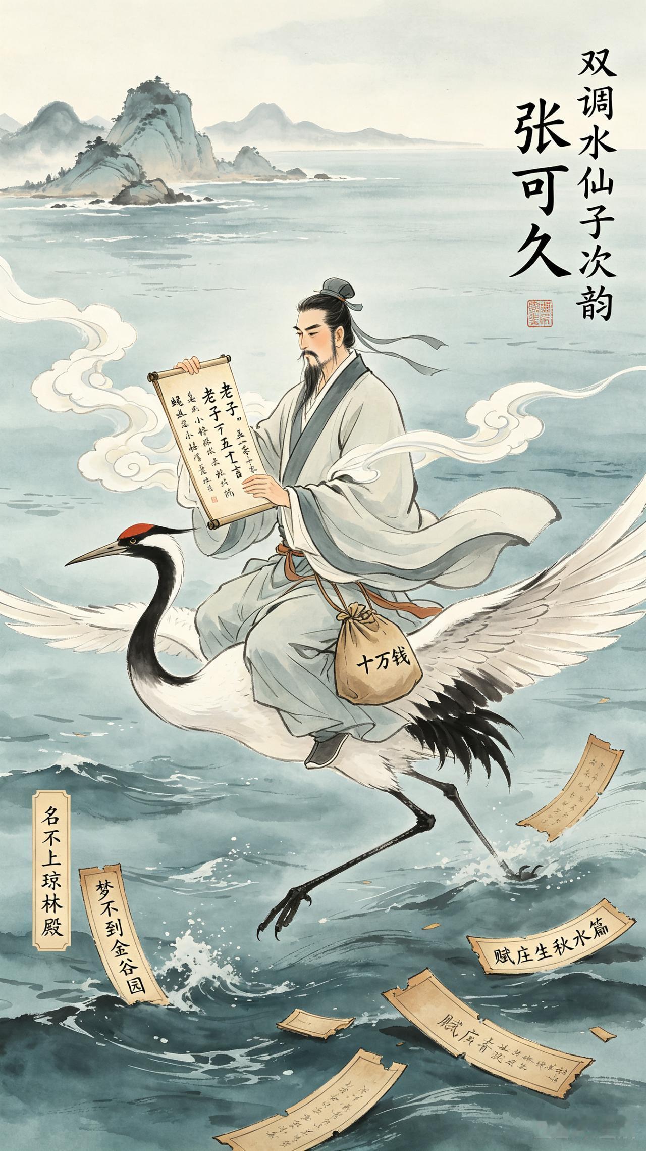《双调》水仙子次韵、张可久。
蝇头《老子》五千言，
鹤背扬州十万钱。
白云两袖吟