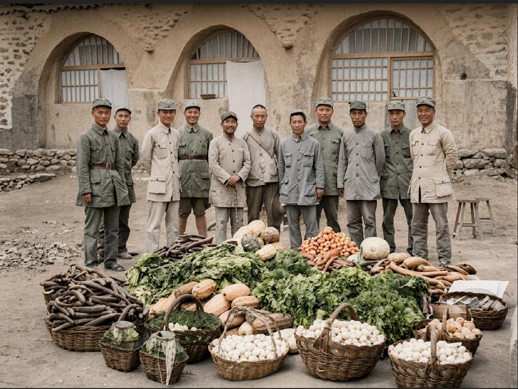 1944年秋，阜平深山。白求恩国际和平医院土屋前，一群人拎着慰劳品站定。右4是姚