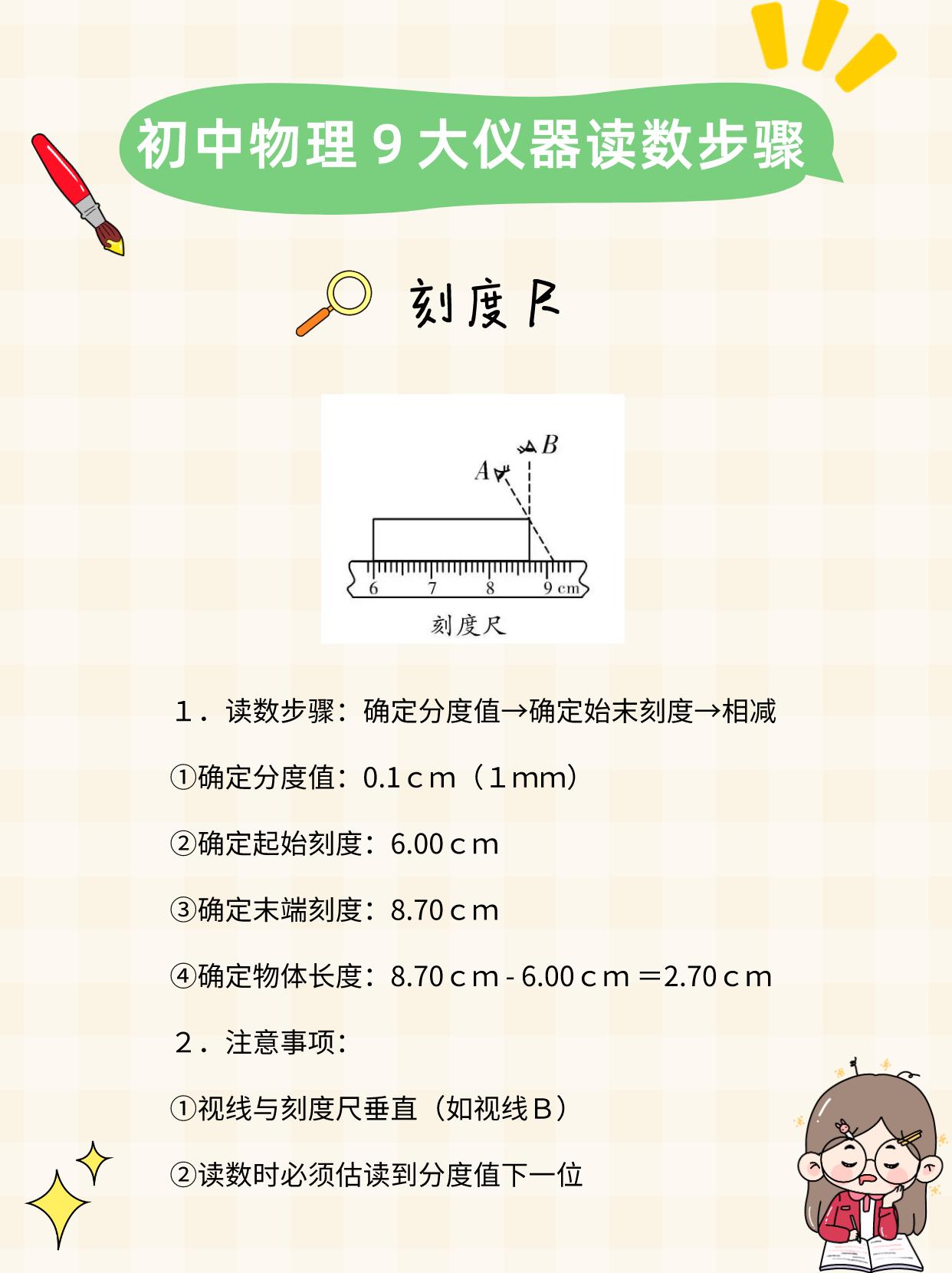 #初中物理
中考物理常用的９大仪器读数步骤及注意事项汇总：
✔️刻度尺
✔️天平