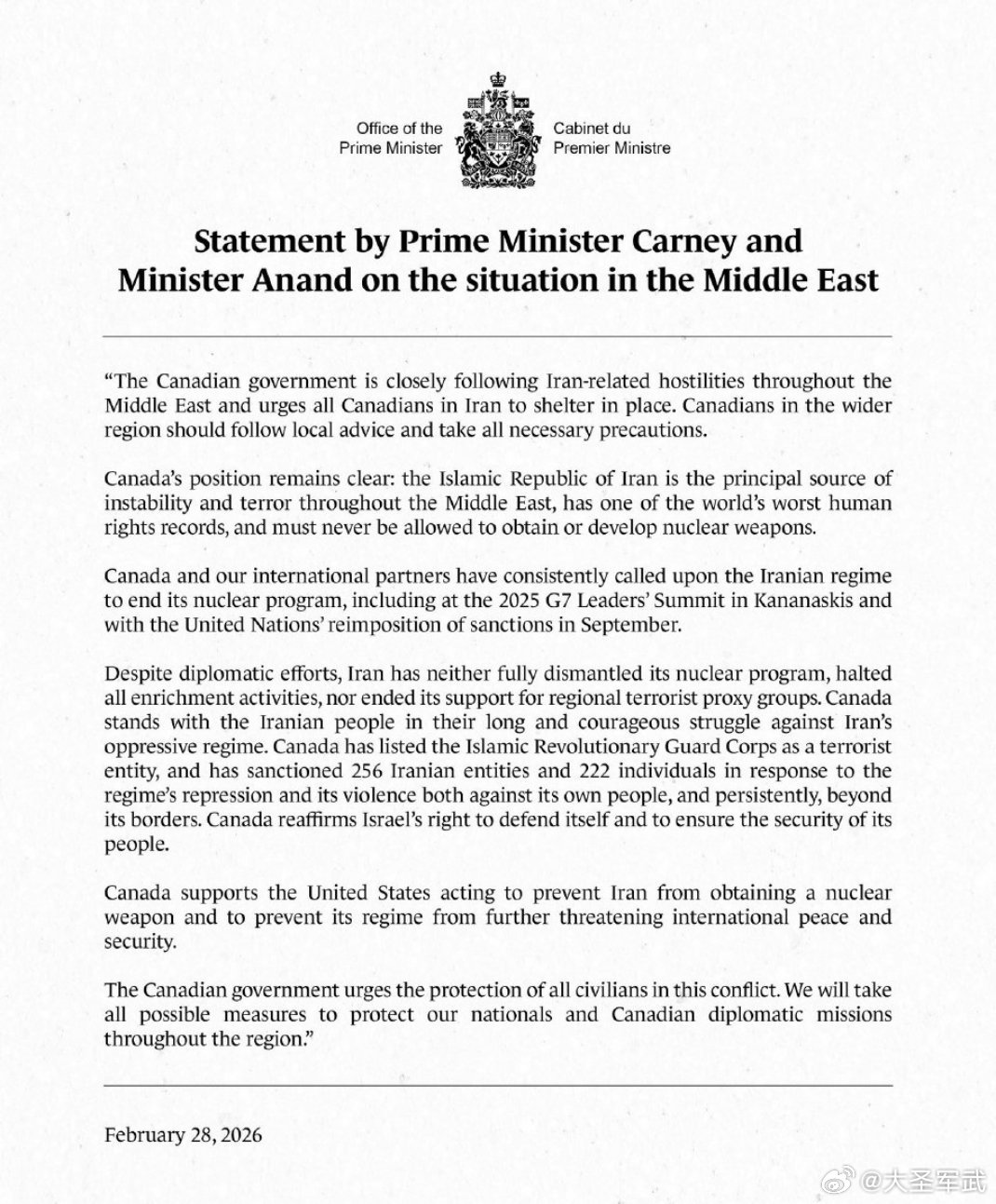 加拿大总理马克·卡尼称：加拿大支持美国采取行动，阻止伊朗获得核武器，并阻止其政权