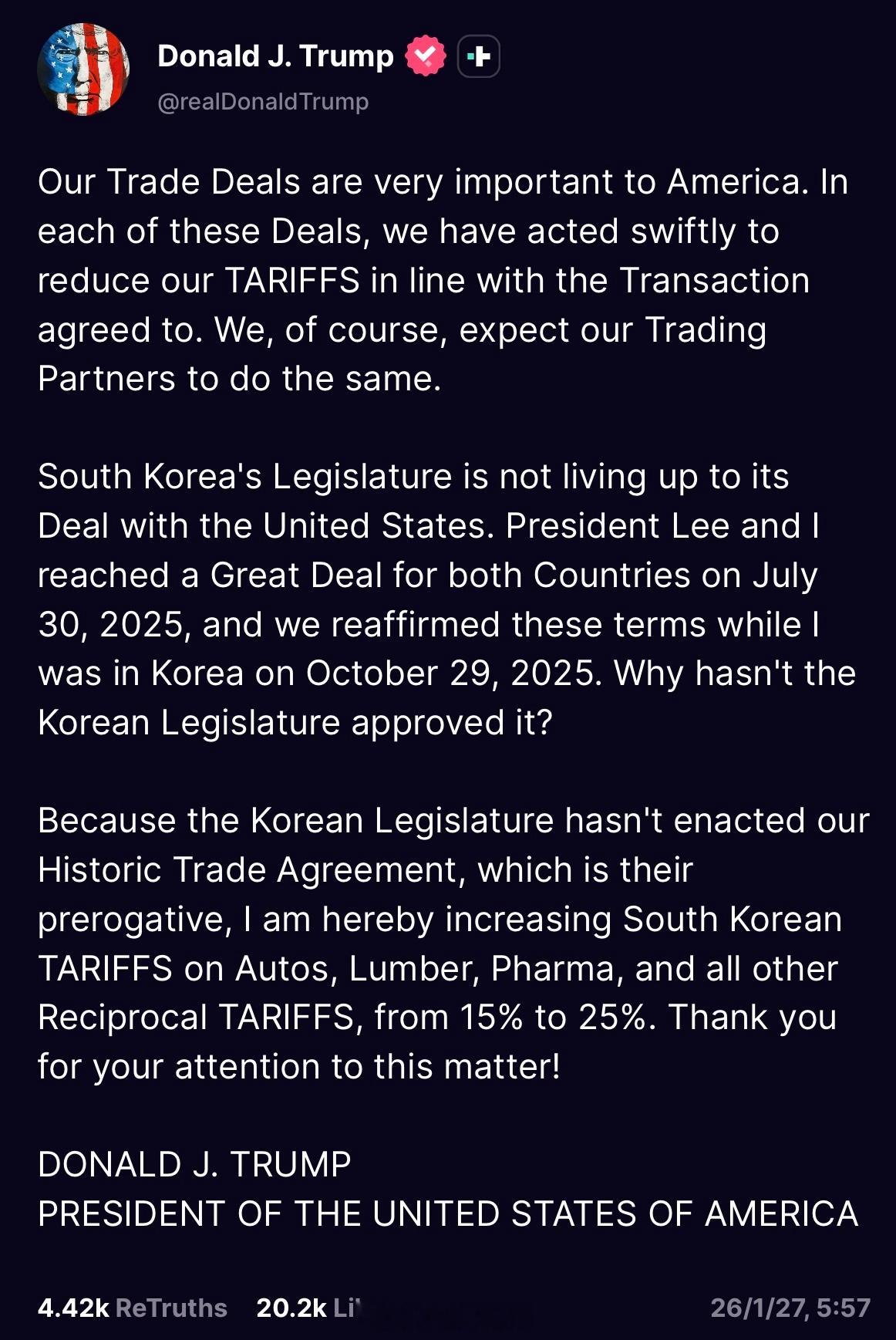 特朗普宣布对韩国提高关税贸易协议对美国来说非常重要，在每一项协议中，我们都迅速降