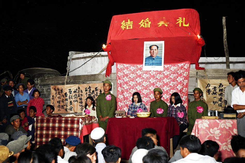 20世纪70年代，新疆生产建设兵团某个团场（农场）的集体结婚仪式现场。照片显示几