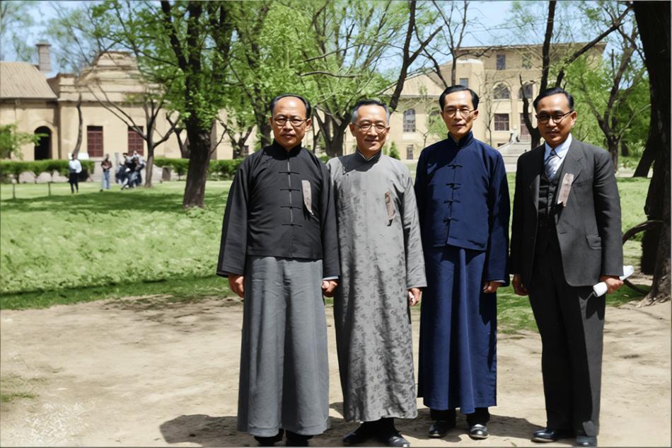 1947年，北京清华园，清华大学36周年校庆期间。照片四位人物从左至右分别为：查