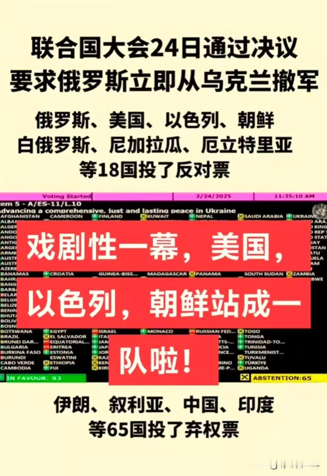 俄、朝、白俄等一致反对联合国提议俄从乌克兰撤军这可以理解，大漂亮反对就难以理解了