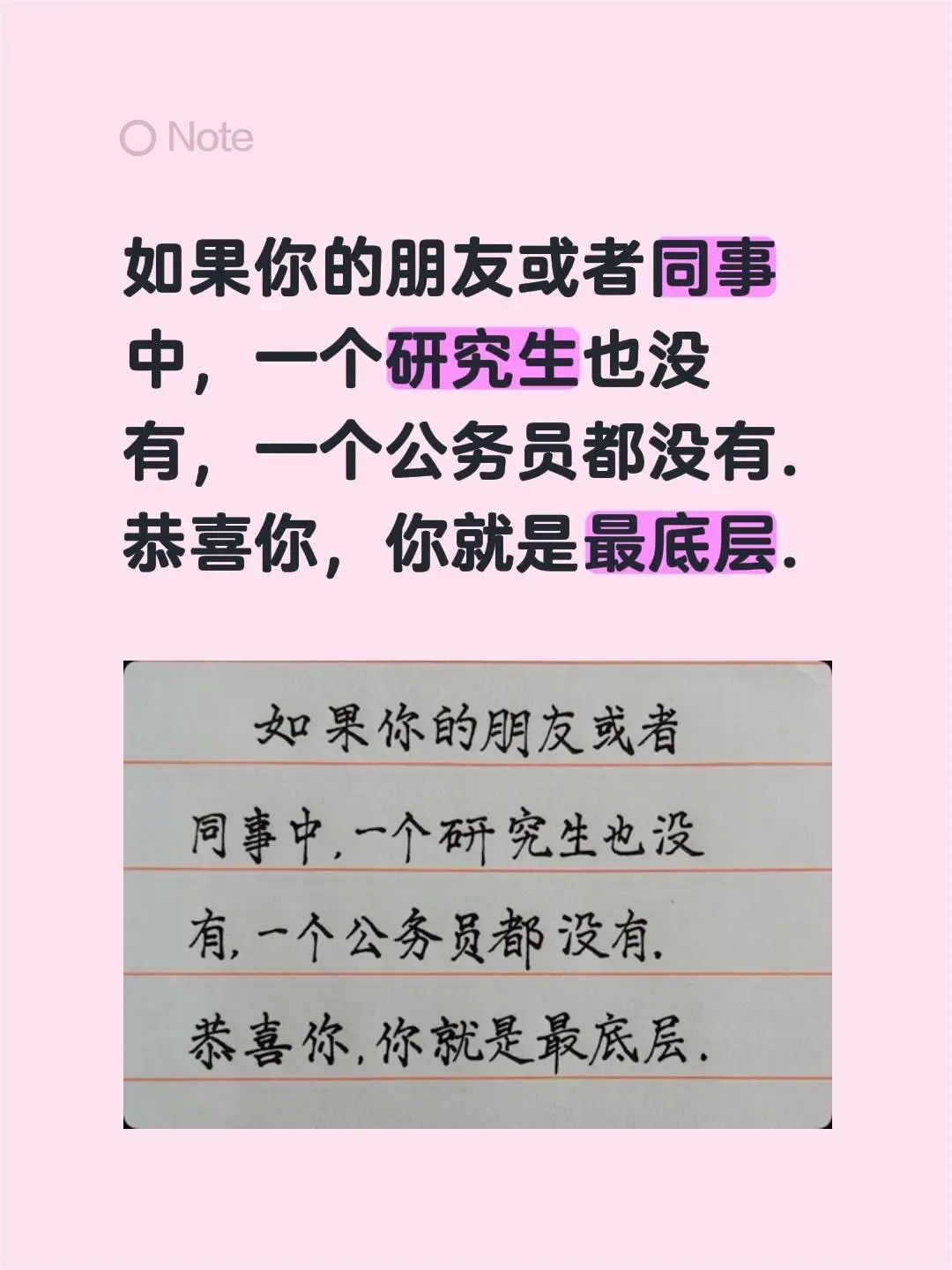 如果你的朋友或者同事中，一个研究生也没有，一个公务员都没有. 恭喜你...