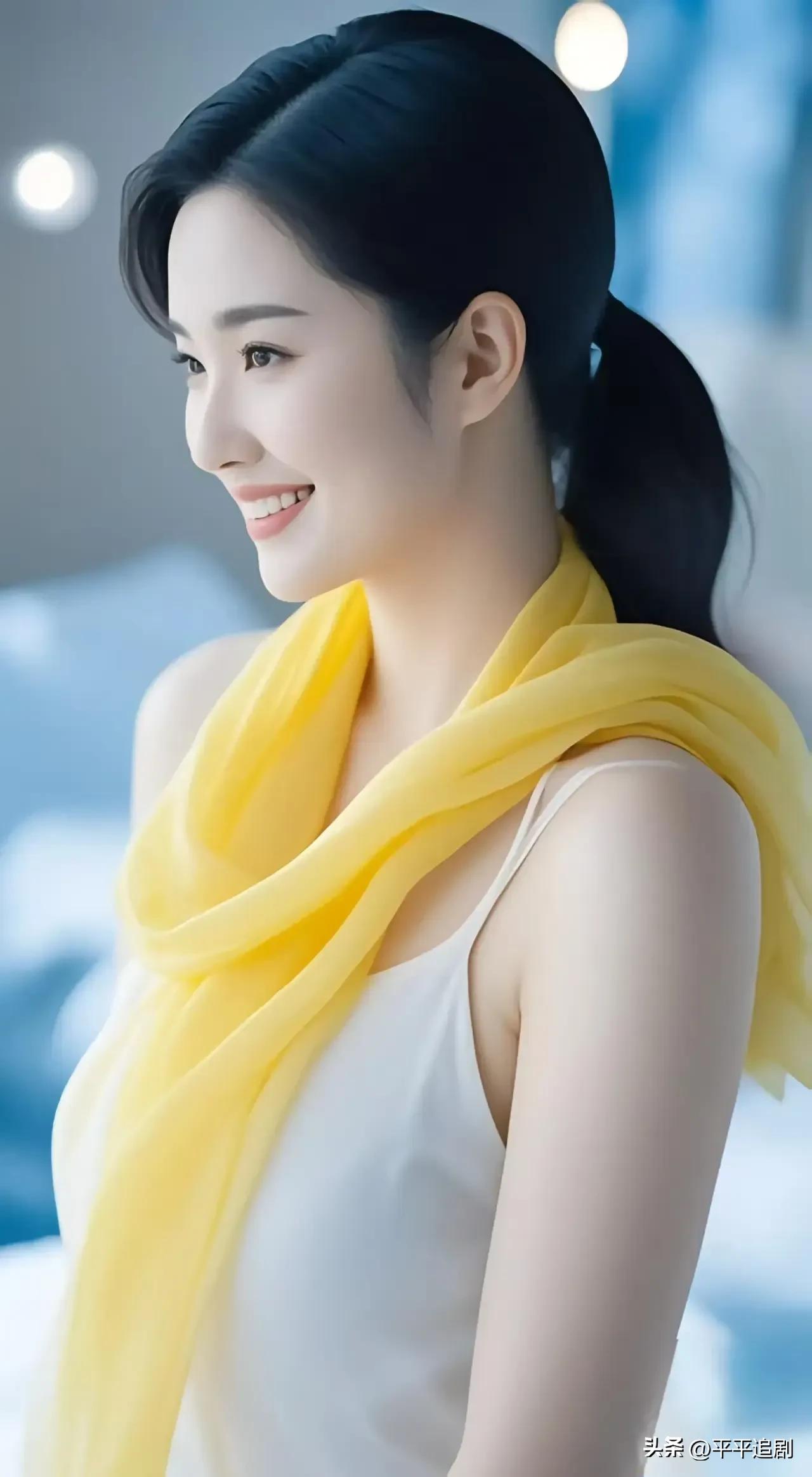 浅淡的光落在眉眼间，明黄的纱巾晕开温柔，
连笑容都裹着一层暖，
日子慢慢过，风也