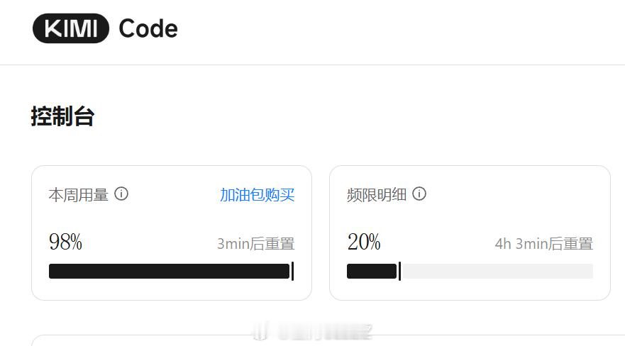 即使四天打鱼三天晒网，依然达到98%的周限额。Kimi K3用是真好用，但套餐也