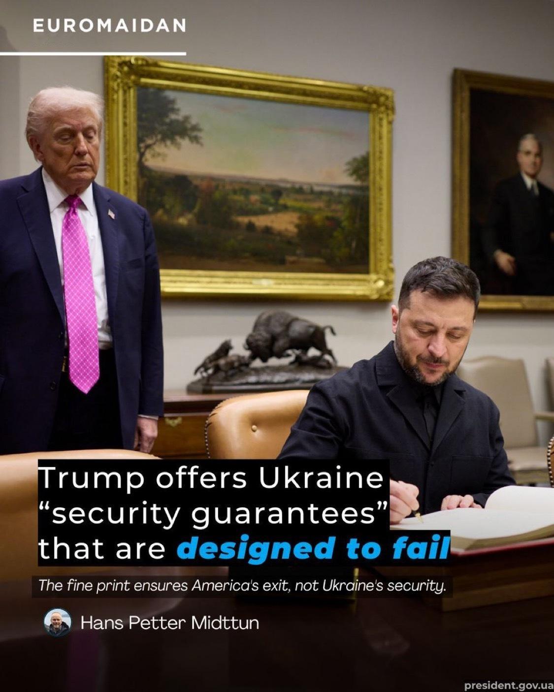 乌克兰UA  特朗普表示，他正在向乌克兰提供“类似《北约第五条款》的安全保障”—