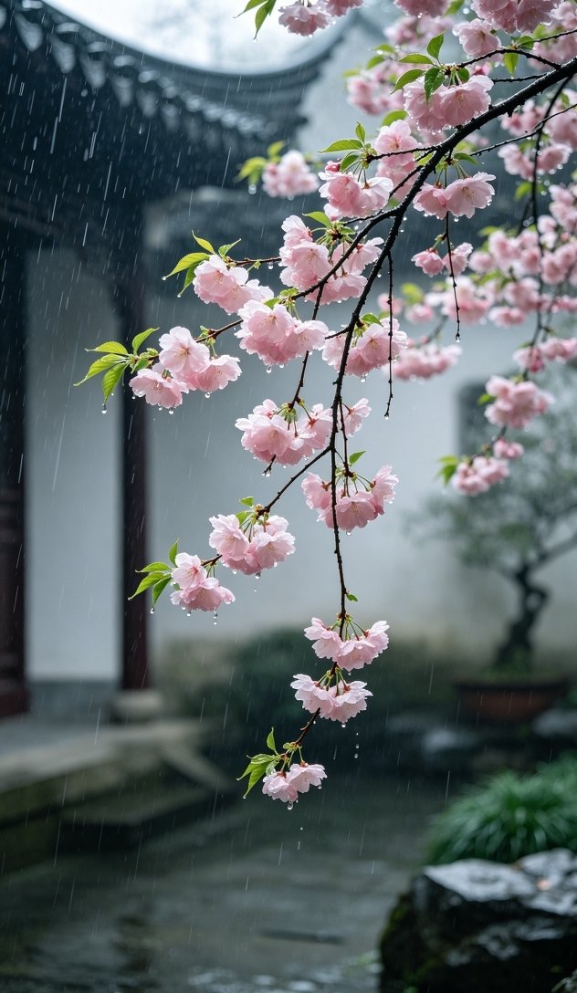微雨浸润庭院海棠，细长花梗垂着粉红花苞，温柔盛景难留朝夕。 