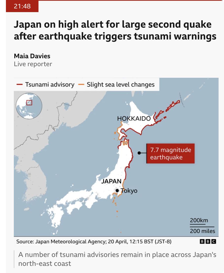 英媒：日本东北部海域发生7.7级地震后，海啸警报已降级为最低级别（海浪低于1米）