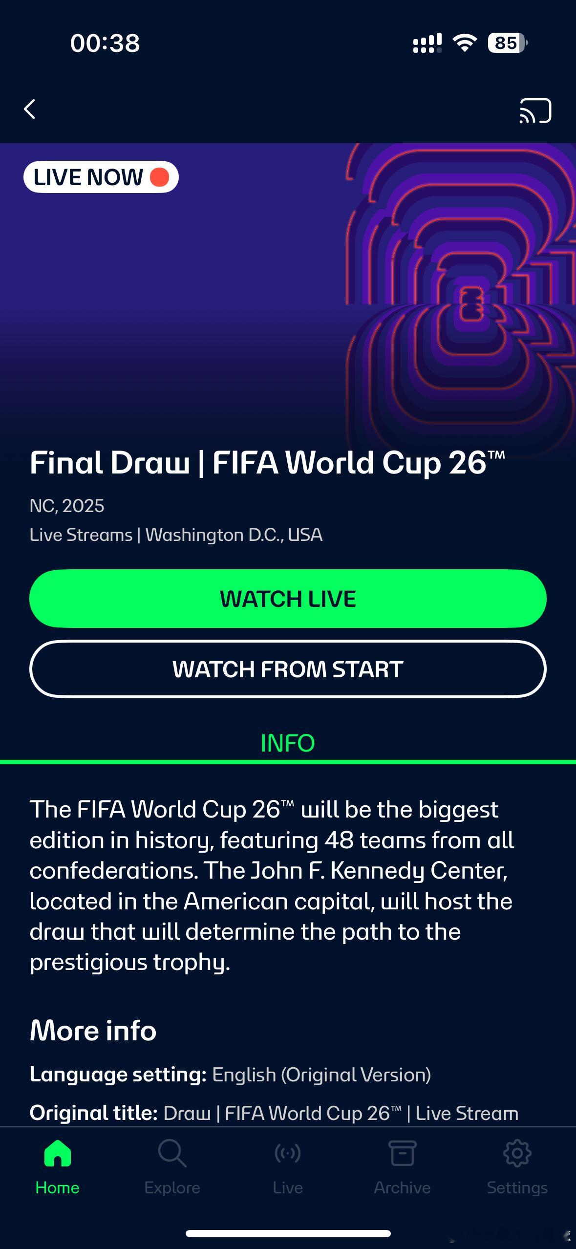 2026年美加墨世界杯抽签分组仪式在FIFA plus网站及手机App免费直播?